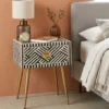 Handmade Black Bone Inlay Optical Design 1 Drawer Bedside Table in modern bedroom with decor