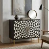 Bone inlay 2 door sideboard geometric design in living room with mirror and and wall art