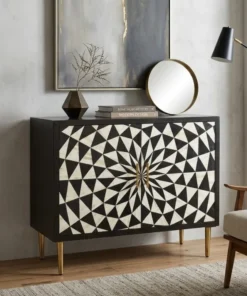 Bone inlay 2 door sideboard geometric design in living room with mirror and and wall art