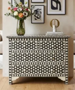 Black bone inlay 4 drawer chest dresser with handmade star design pattern