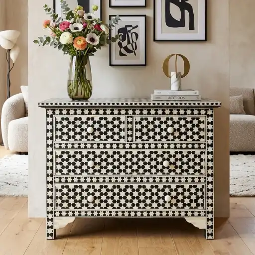 Black bone inlay 4 drawer chest dresser with handmade star design pattern