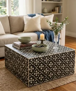 Modern living room with a Black Mother of Pearl Lilly Design Coffee Table and decor items