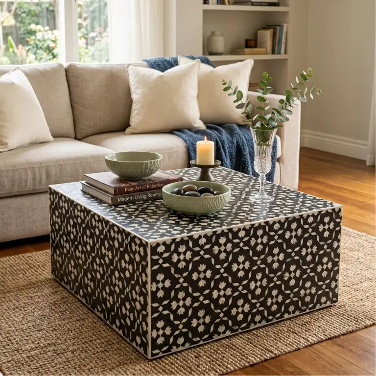 Modern living room with a Black Mother of Pearl Lilly Design Coffee Table and decor items