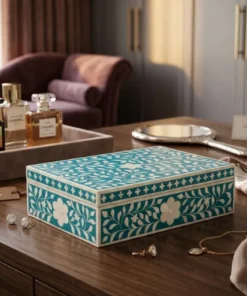 Blue bone inlay floral pattern jewelry box with handmade decorative design