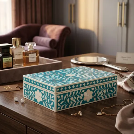 Blue bone inlay floral pattern jewelry box with handmade decorative design