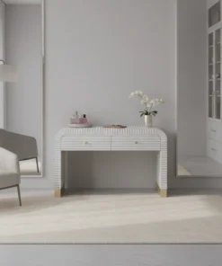 Bone inlay 2 drawer waterfall style desk in modern dressing with 2 mirror and side sofa