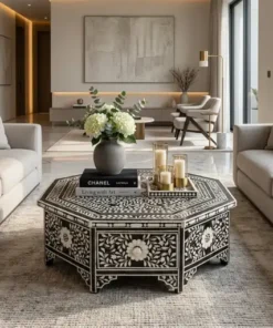 Bone Inlay Black Floral Coffee Table With Storage placed in luxury living room with grey sofa and decor items books, vase, and candles
