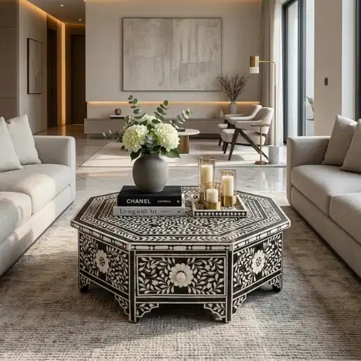 Bone Inlay Black Floral Coffee Table With Storage placed in luxury living room with grey sofa and decor items books, vase, and candles