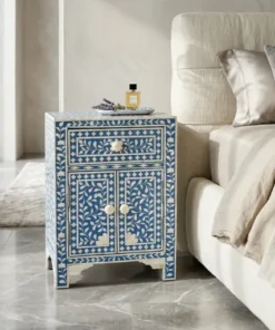 Bone Inlay Blue Floral Storage Nightstand for bedroom bedside décor