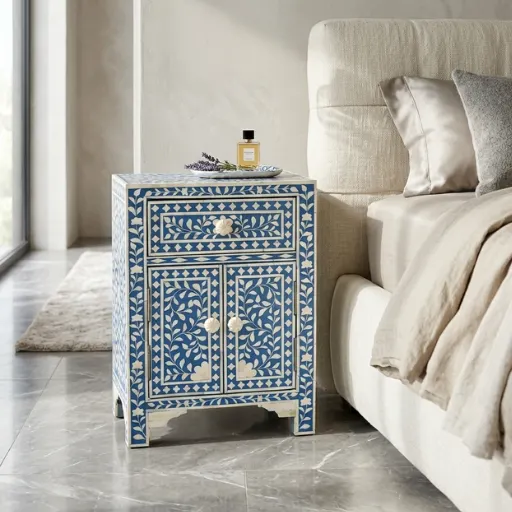 Bone Inlay Blue Floral Storage Nightstand for bedroom bedside décor
