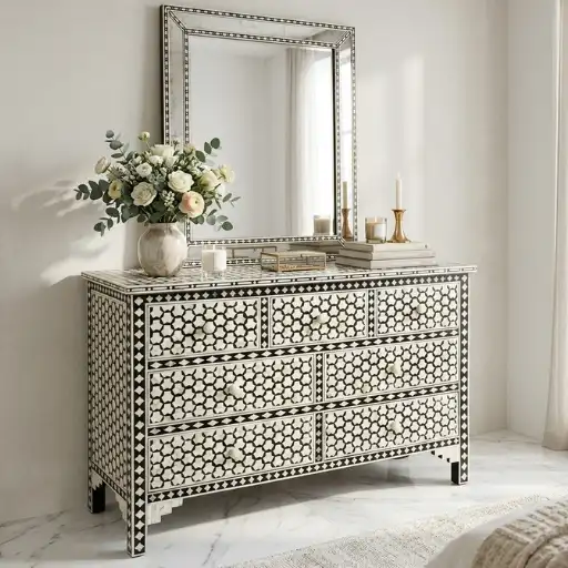 Bone Inlay Targua Design Grey 7 Drawer Chest Dresser for luxury bedroom storage