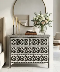 Bone Inlay Iberia Design Black 4 Drawer Chest Dresser in modern bedroom with wall mirror and flower vase