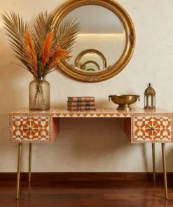 Bone Inlay Moroccan Design Orange 2 Drawer Console Table in luxury living room with wall mirror and decor items