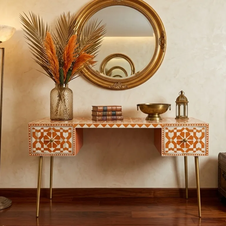 Bone Inlay Moroccan Design Orange 2 Drawer Console Table in luxury living room with wall mirror and decor items