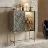 Bone Inlay Optical Design Black Bar Cabinet with handcrafted geometric inlay