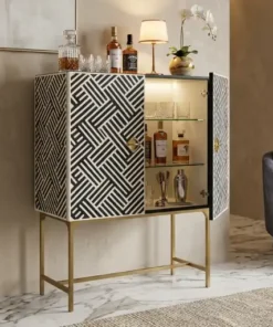 Bone Inlay Optical Design Black Bar Cabinet with handcrafted geometric inlay