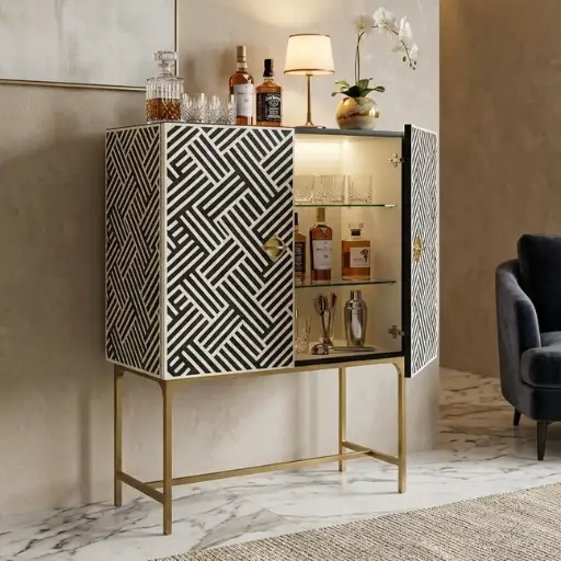 Bone Inlay Optical Design Black Bar Cabinet with handcrafted geometric inlay