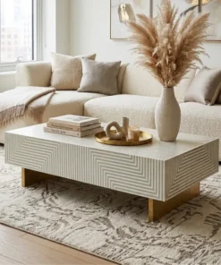 Bone inlay strip design coffee table placed in contemporary living room