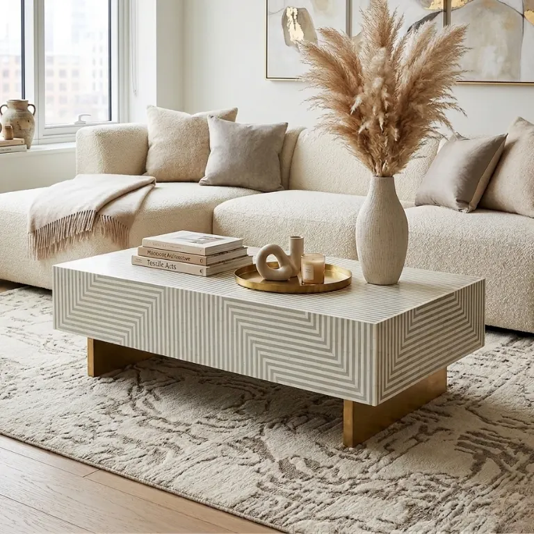 bone-inlay-rectangular-coffee-table Bone inlay strip design coffee table placed in contemporary living room