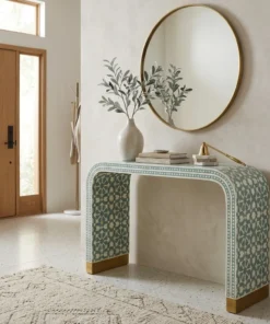 Bone inlay waterfall moroccan design console table with round wall mirror and decor items