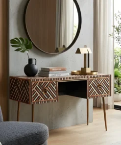 Brown Bone Inlay 2 Drawers Console Table with Optical Design