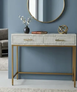 Luxury Grey Bone Inlay 2 Drawer Console Table with striped pattern for modern home décor.