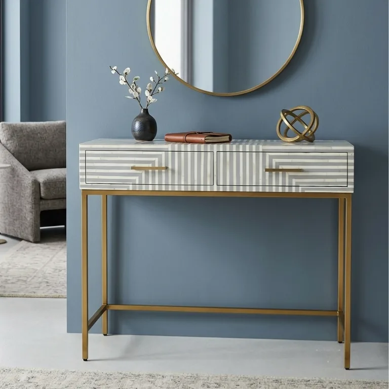 Luxury Grey Bone Inlay 2 Drawer Console Table with striped pattern for modern home décor.