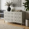 Grey Bone Inlay 9 Drawer Buffet Sideboard placed in living room with plant and home decor items