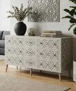 Grey Bone Inlay 9 Drawer Buffet Sideboard placed in living room with plant and home decor items