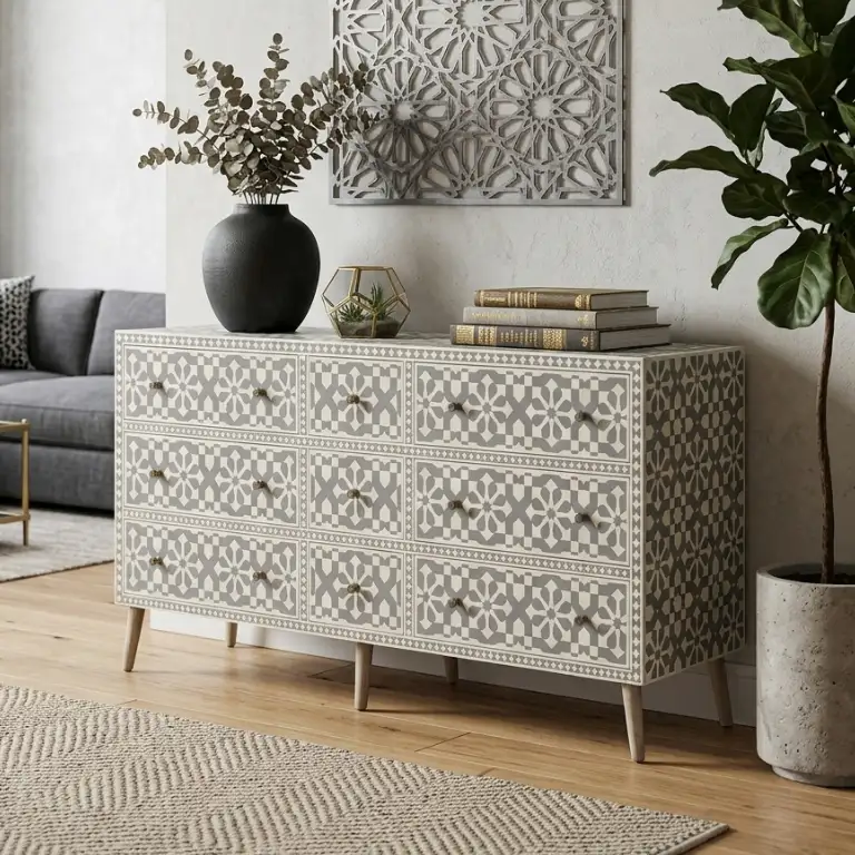 grey-bone-inlay-9-drawer-buffet-sideboard Grey Bone Inlay 9 Drawer Buffet Sideboard placed in living room with plant and home decor items