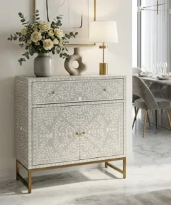 Bone Inlay Grey Floral Storage Cabinet with one drawer and two-door storage