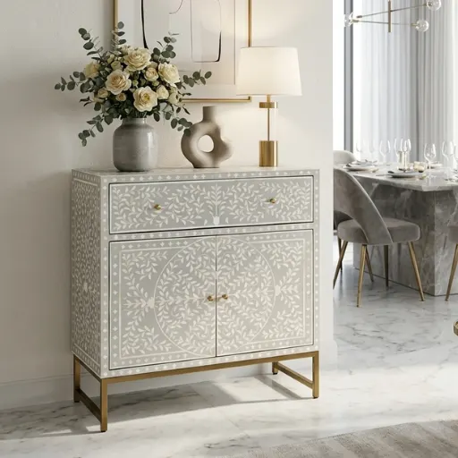 Bone Inlay Grey Floral Storage Cabinet with one drawer and two-door storage