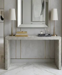 Handmade Grey Bone Inlay Stripe Design Console Table for modern entryway décor