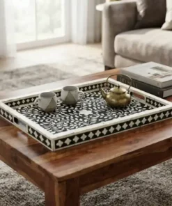 Handmade black bone inlay floral serving tray with decorative pattern