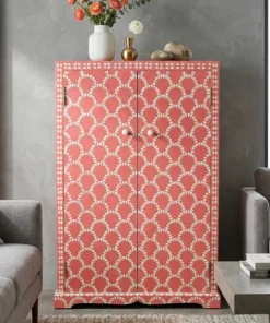 Bone inlay cupboard/ almirah / cabinet placed in grey living room with sofa view