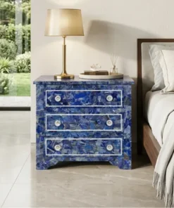 Handmade lapis lazuli 3 drawer bedside table with Modern luxury bedding, warm lighting, premium décor, large windows