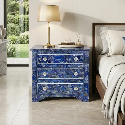 Handmade lapis lazuli 3 drawer bedside table with Modern luxury bedding, warm lighting, premium décor, large windows