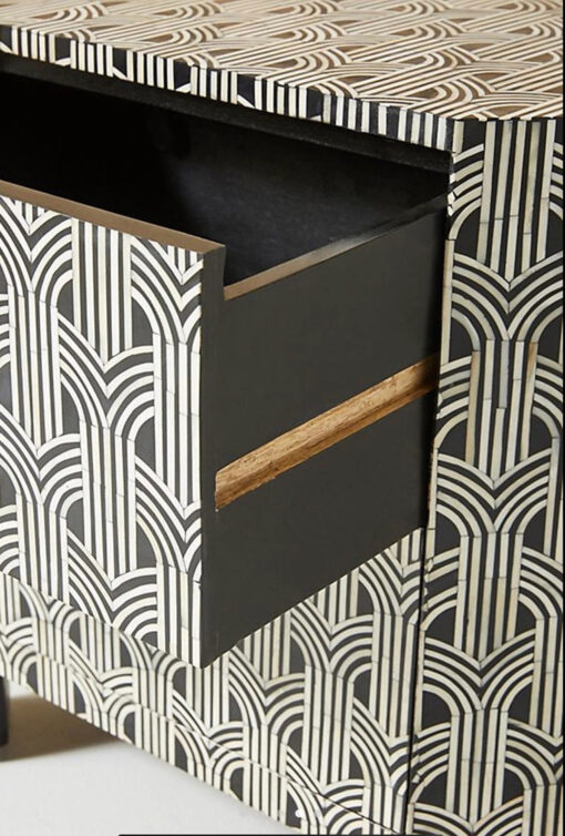 Bone inlay 2 drawer. Geometrical design bedside nightstand side table black color