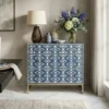 Indigo blue bone inlay Ikat design chest of 3 drawer in modern dining room with lamp and decor items