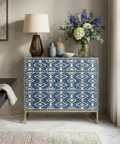 Indigo blue bone inlay Ikat design chest of 3 drawer in modern dining room with lamp and decor items
