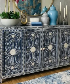 Mother Of Pearl Inlay 4 Door Look Sideboard Indigo blue