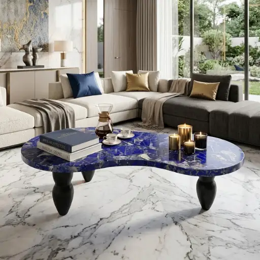 Lapis Lazuli Marble Designer Coffee Table Style with a coffee items, coffee table books, and candles