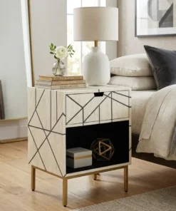 Bone inlay handmade sleeping line bedside/ night stand in modern bedroom with decor items