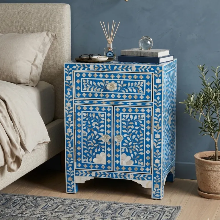 mother-of-pearl-blue-bedside-table Mother of pearl blue bedside table with 1 drawer 2 door styled in bedroom with decor items