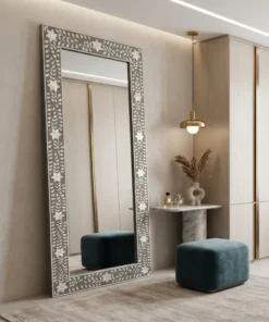 Mother of Pearl Decorative Large Wall Mirror in modern dressing room with decor and cushion