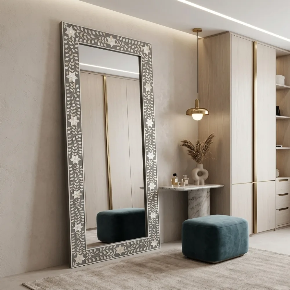mother-of-pearl-decorative-large-wall-mirror Mother of Pearl Decorative Large Wall Mirror in modern dressing room with decor and cushion