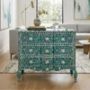 Mother of Pearl Inlay Chest of 3 Drawers with a curved front and floral design in modern living room with fully furnished