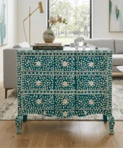 Mother of Pearl Inlay Chest of 3 Drawers with a curved front and floral design in modern living room with fully furnished