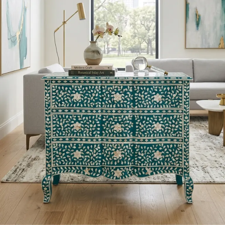 Mother of Pearl Inlay Chest of 3 Drawers with a curved front and floral design in modern living room with fully furnished