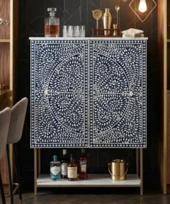 Navy Blue Bone Inlay Bar Cabinet placed in home bar